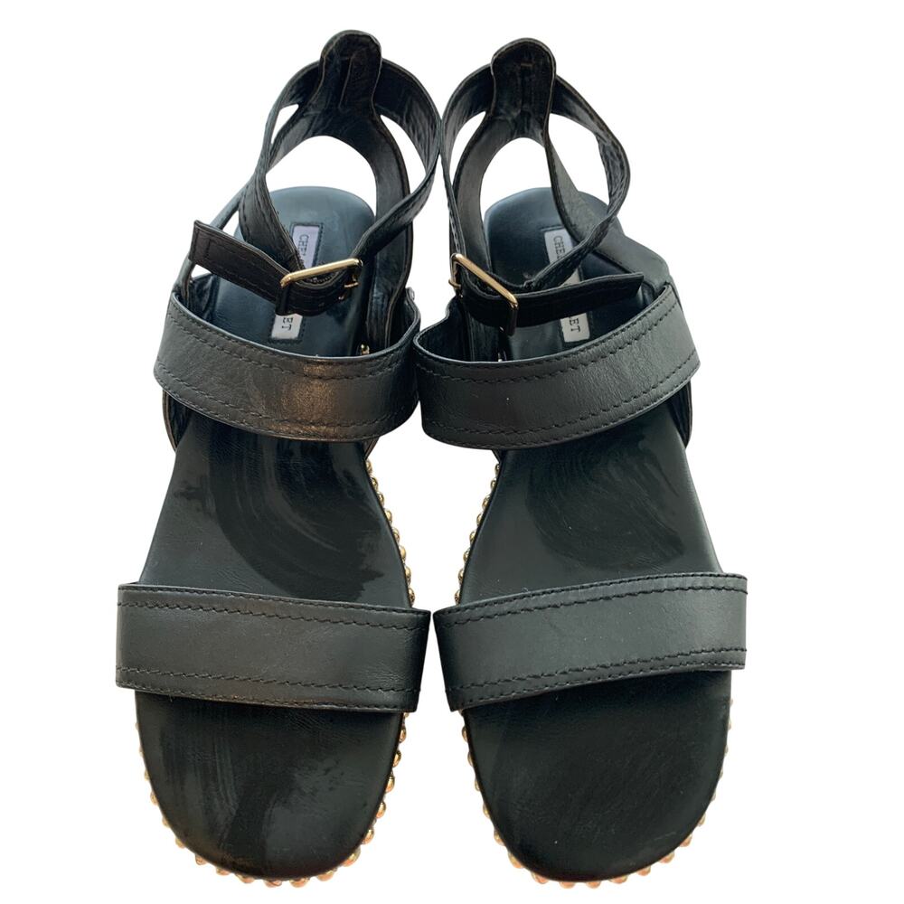 CHELSEA & VIOLET BLACK LEATHER STUDDED SANDALS ANKLE BUCKLE STRAP SIZE 10